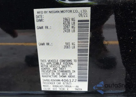 2021 Nissan Altima Sv Fwd z USA, uszkodzony, nr VIN 1N4BL4DVXMN406122